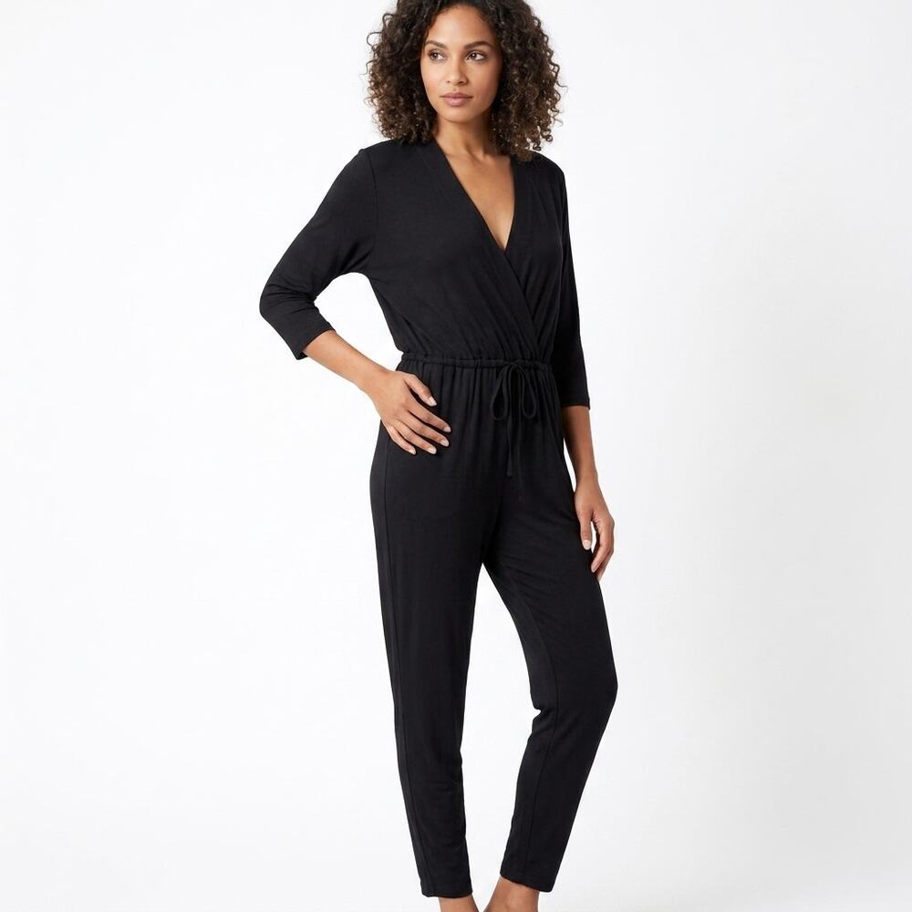 Les Lunes Paris Wrap V-Neck Tie Waist 3/4 Sleeve Jumpsuit Women Size M